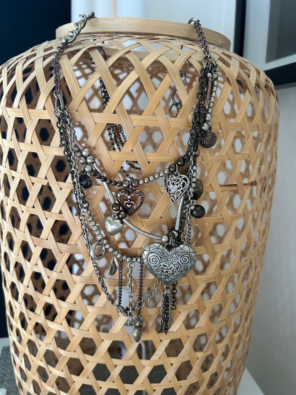 Multi Strand Silver/Brass/beads/hearts Necklace